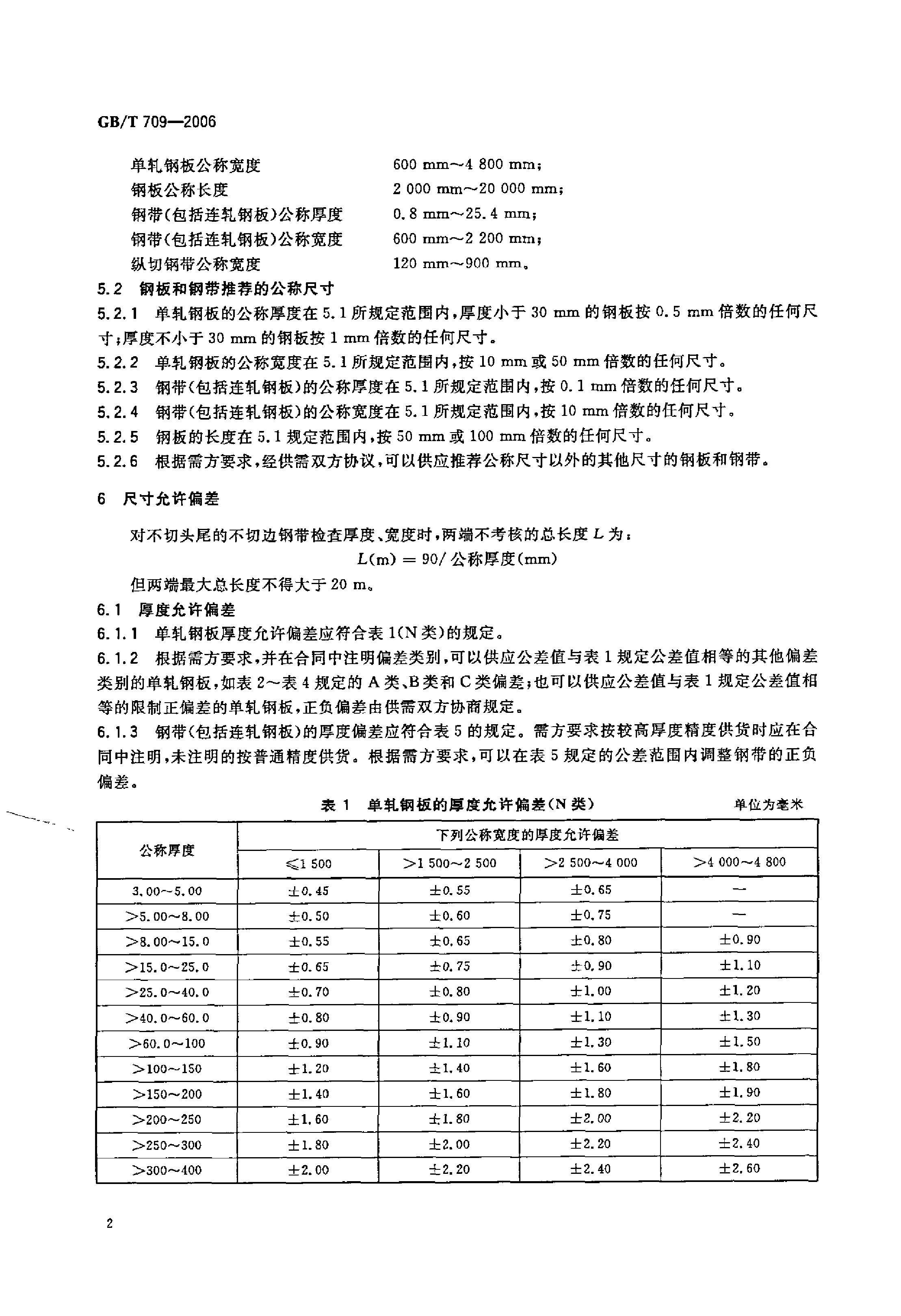 熱軋鋼板和鋼帶的尺寸、外形、重量及允許偏差 國(guó)標(biāo) GBT 709-2006 代替GBT 709-19880003